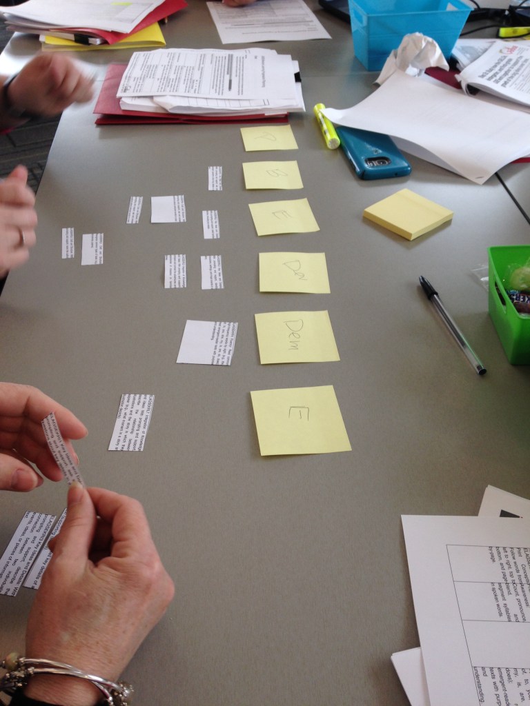Standard cut out on strips and teachers sequencing them into six stages.